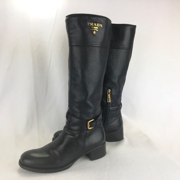 PRADA Boot Knee High Black Leather Riding Boot - Picture 4 of 8